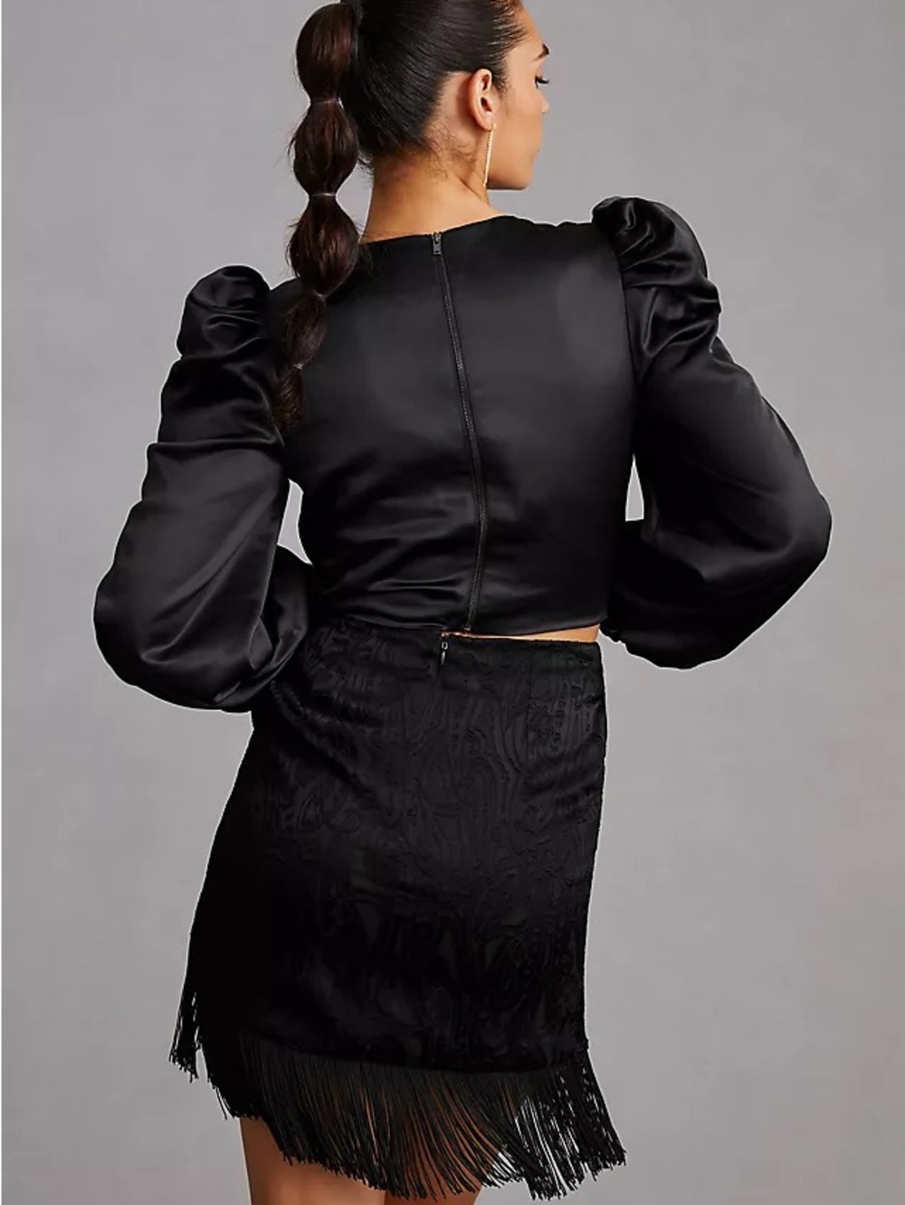 ANTHROPOLOGIE MARE MARE Black Satin Puff Sleeve Crop Top Size XS - Picture 3 of 7